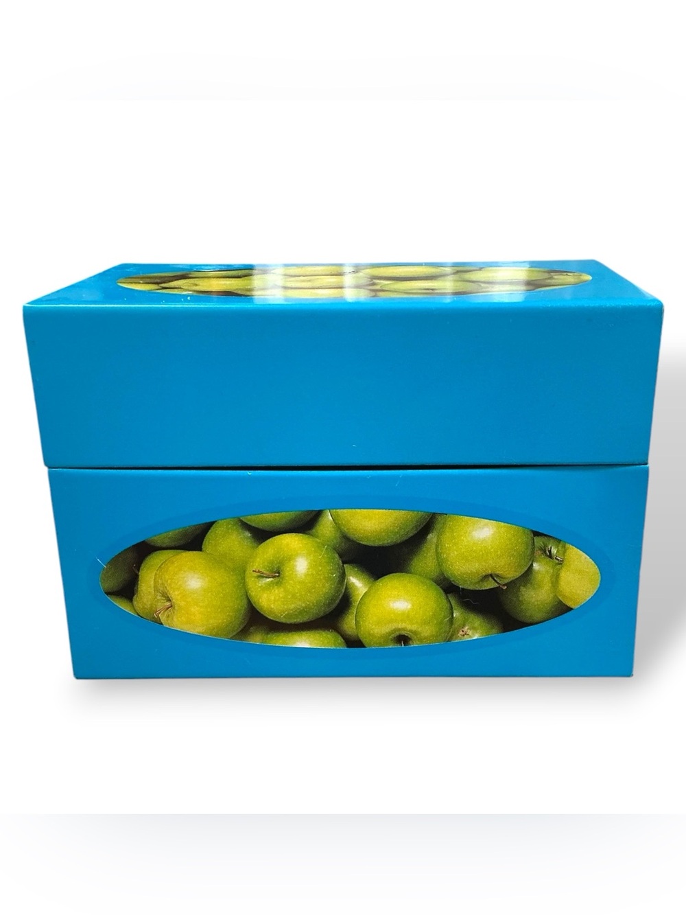 VTG Green Apples Fruit Tin Recipe Card Box Syndicate Mfg Bright Blue Holder